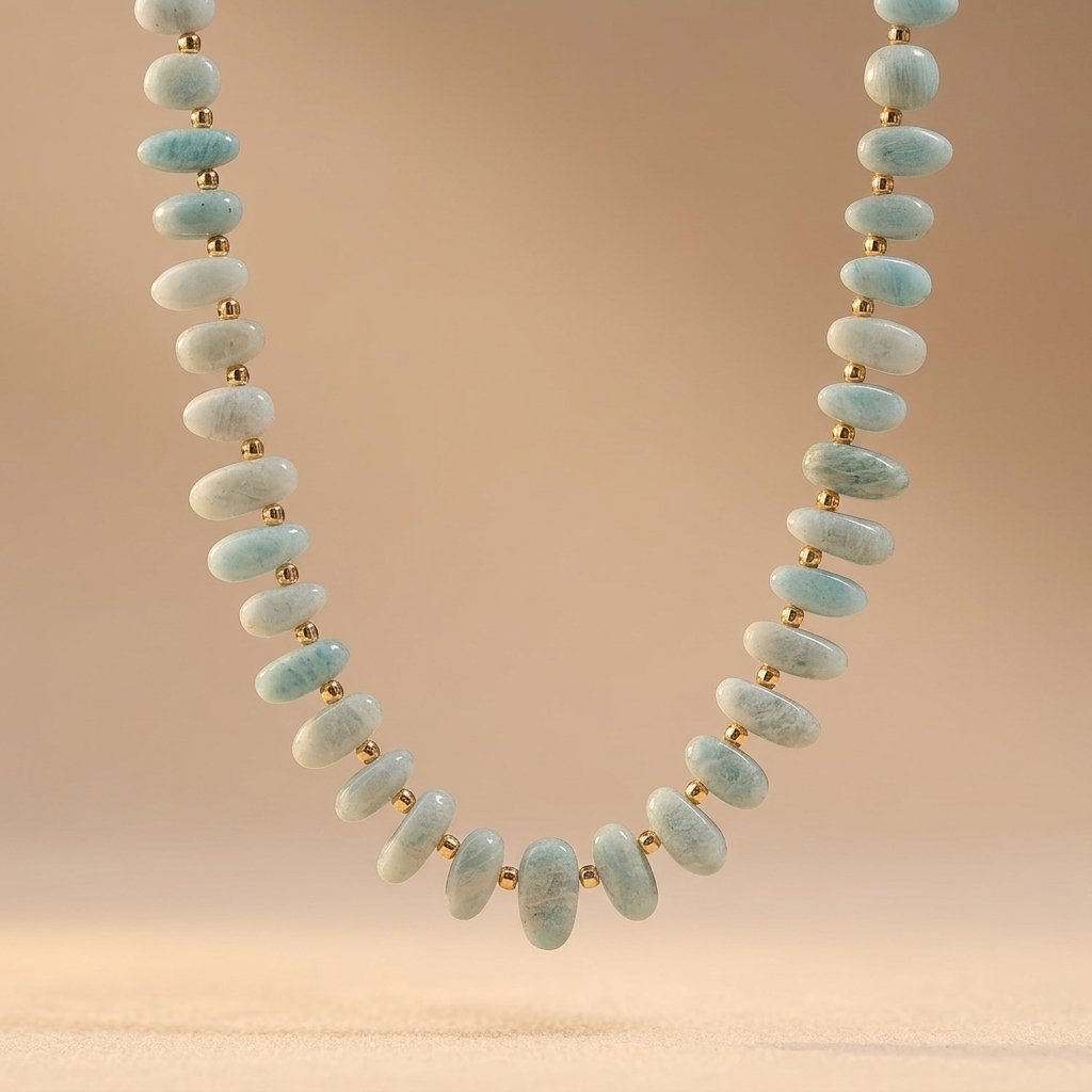 Boho Gold Aquamarine Barrel Bead Necklace