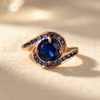 Gold Sapphire Blue Round Halo Ring
