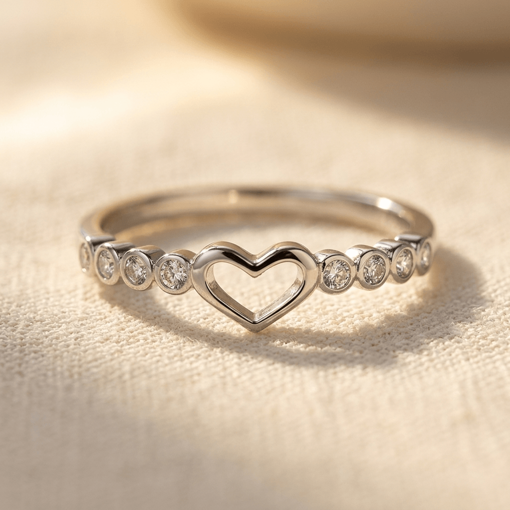 Silver Open Heart Diamond Accent Ring