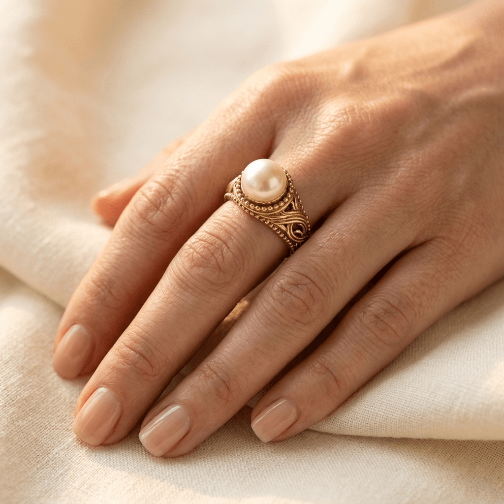 Vintage Gold Pearl Ornate Carved Ring