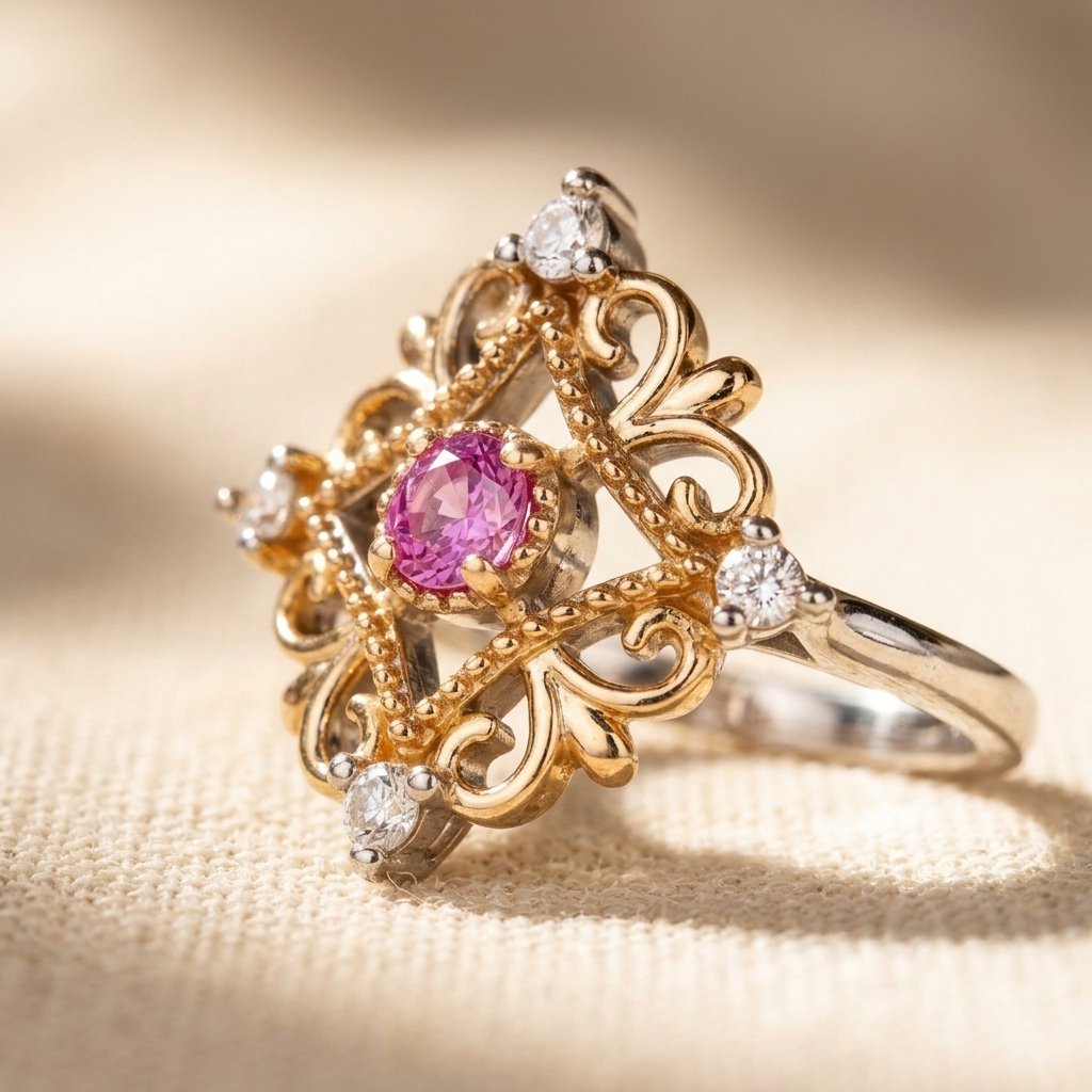 Vintage Gold Pink Sapphire Filigree Ring