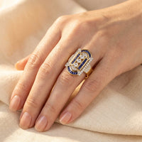 Art Deco Gold Sapphire Diamond Rectangular Ring