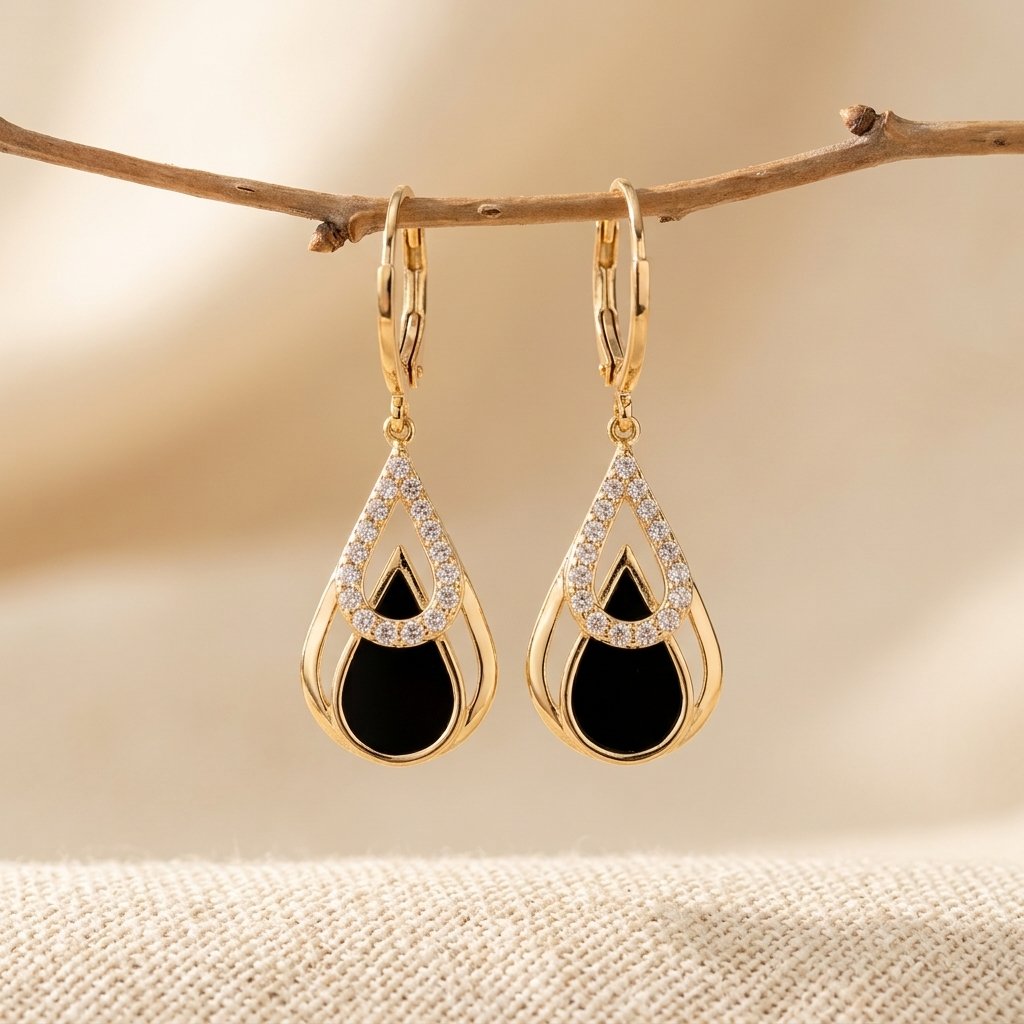 Gold Black Onyx Teardrop Cubic Zirconia Earrings