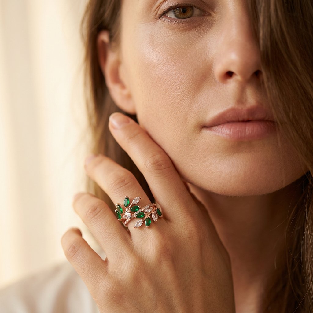 Gold Green Crystal Leaf Branch Ring