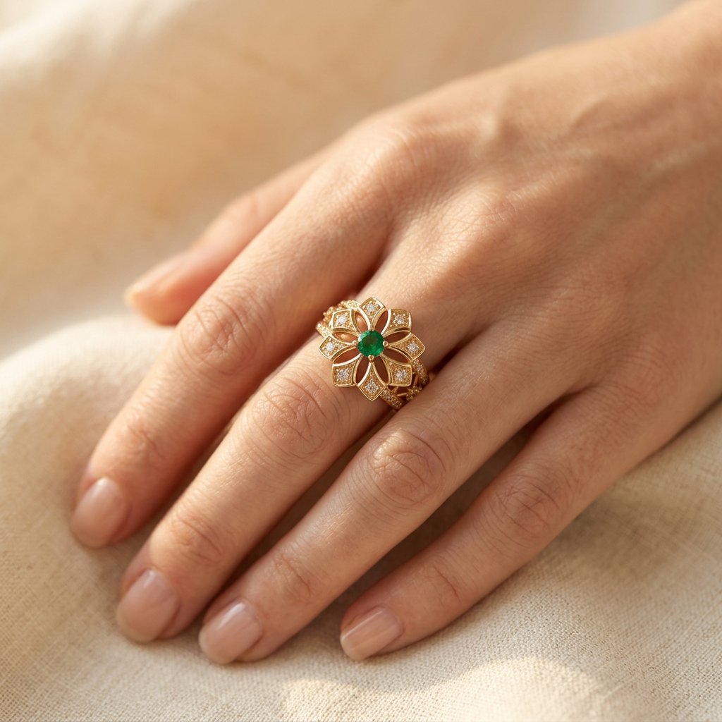 Gold Filigree Green Emerald Flower Ring