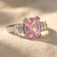 Pink Cushion Silver Baguette Engagement Ring