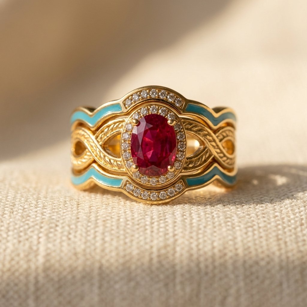 Gold Turquoise Inlay Oval Ruby Ring