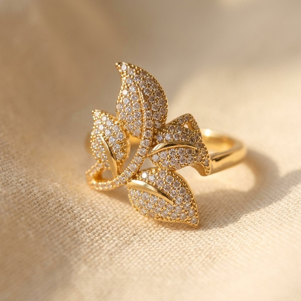 Gold Cubic Zirconia Filigree Leaf Ring