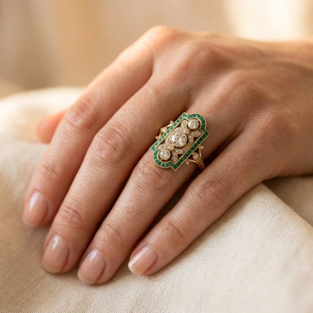 Art Deco Gold Diamond Emerald Ring