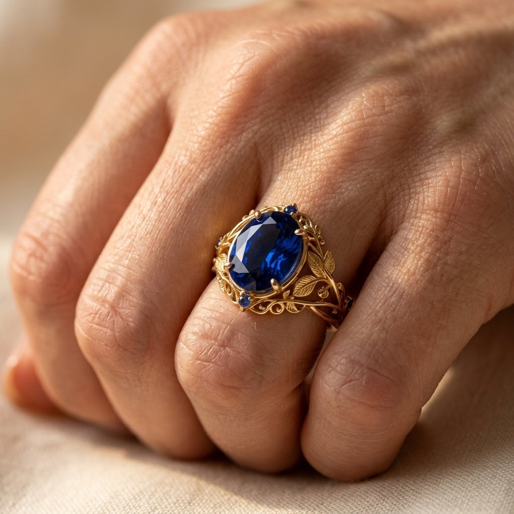 Vintage Gold Filigree Blue Sapphire Ring