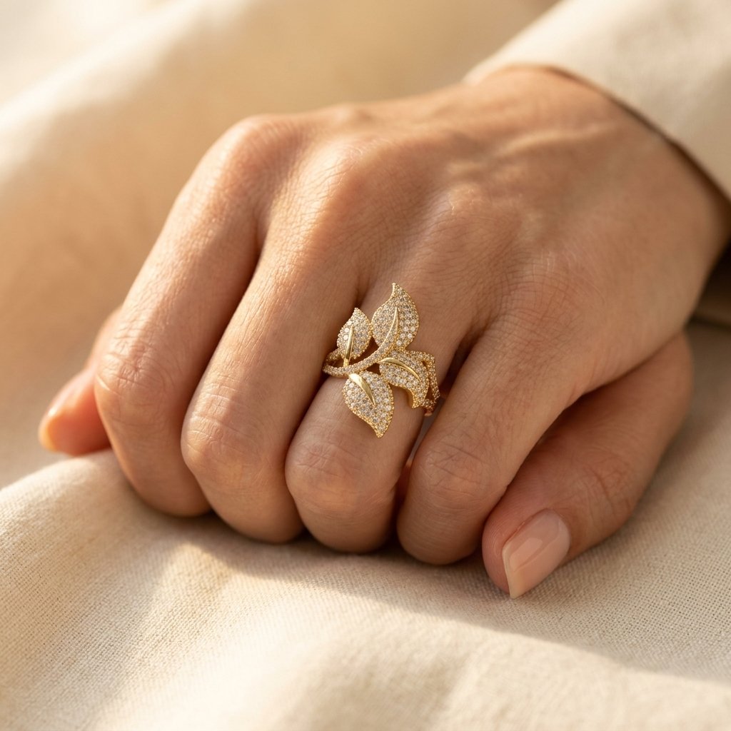 Gold Cubic Zirconia Filigree Leaf Ring