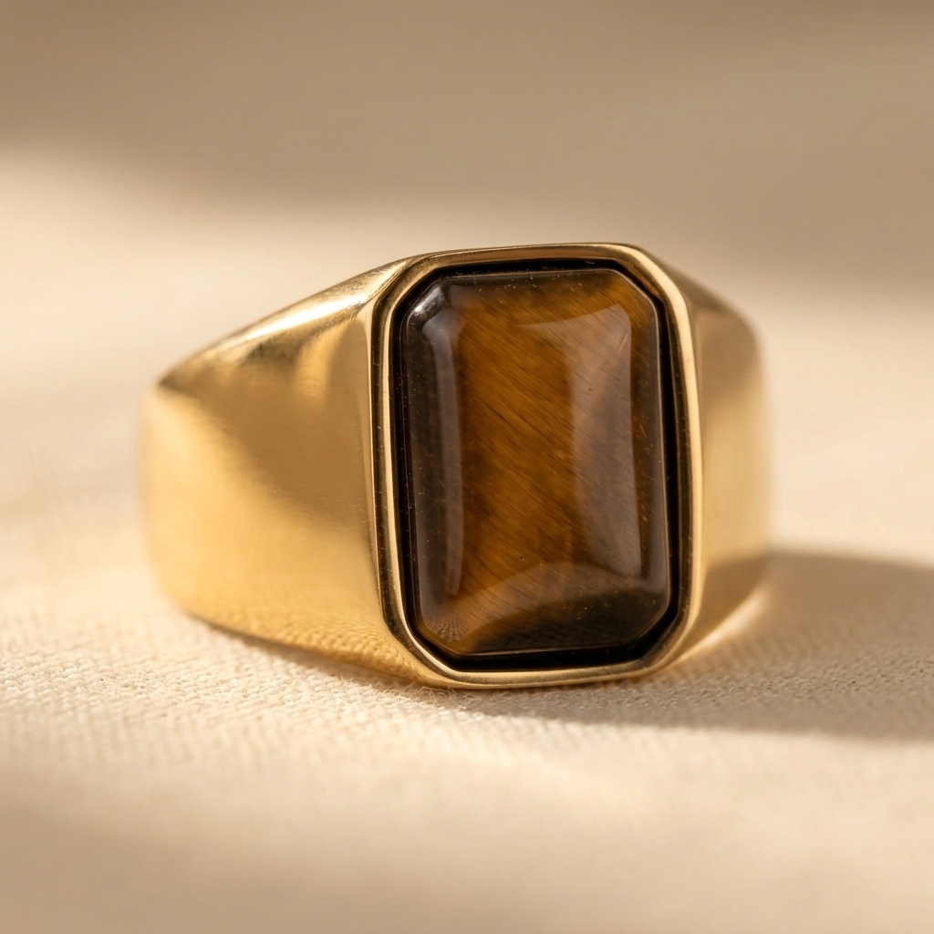 Gold Tiger Eye Stone Rectangular Signet Ring