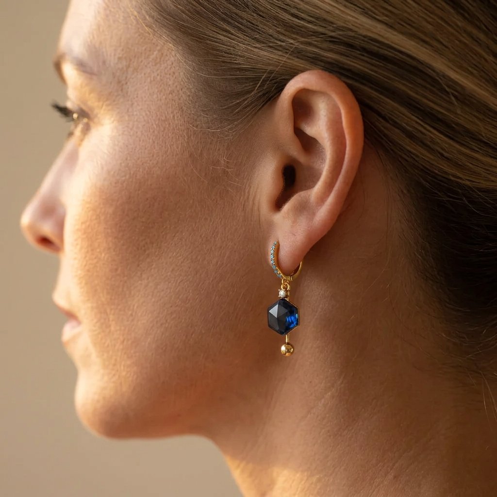 Gold Sapphire Hexagon Drop Earrings
