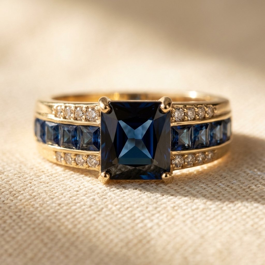Gold Blue Sapphire Cushion Ring
