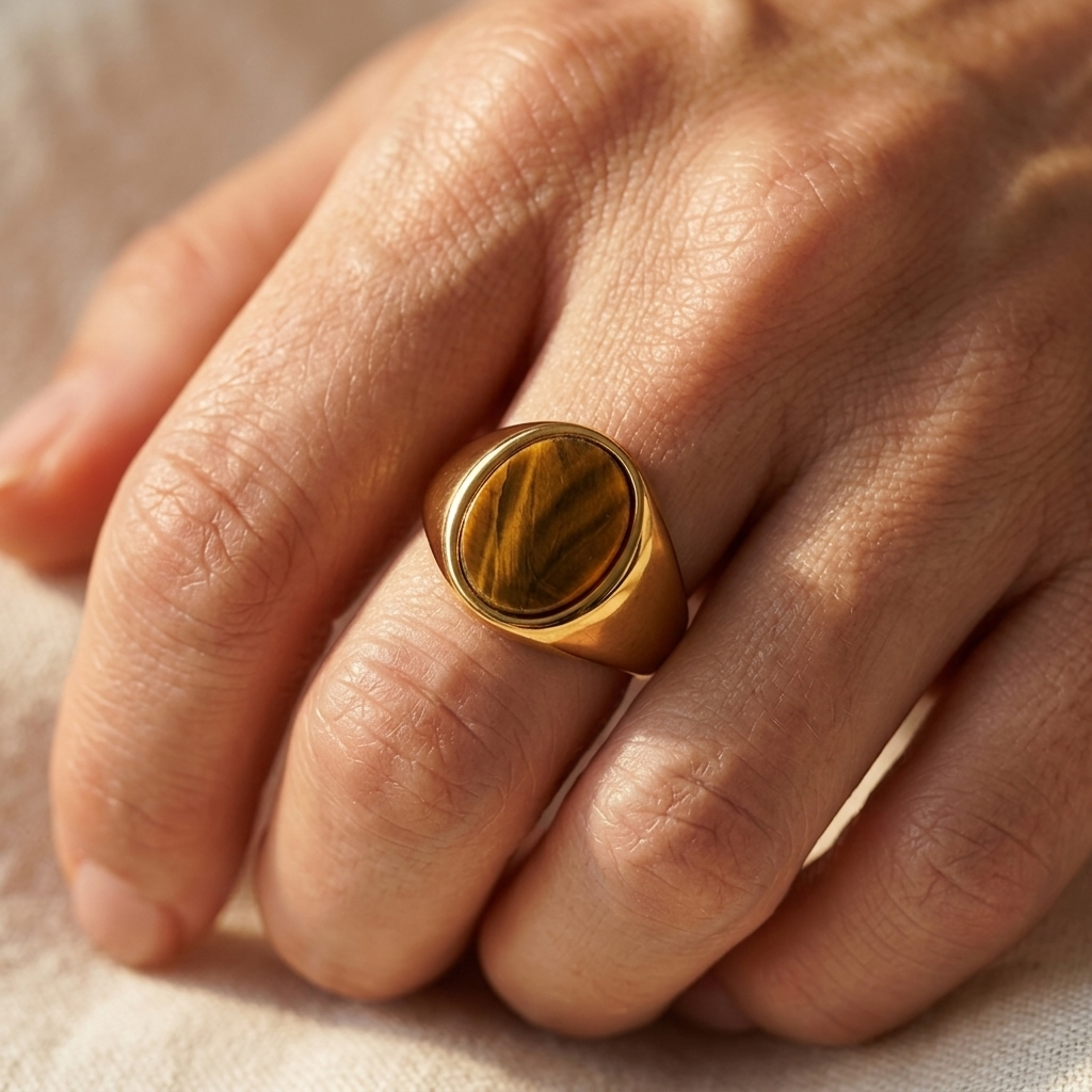 Gold Oval Tiger's Eye Stone Signet Ring