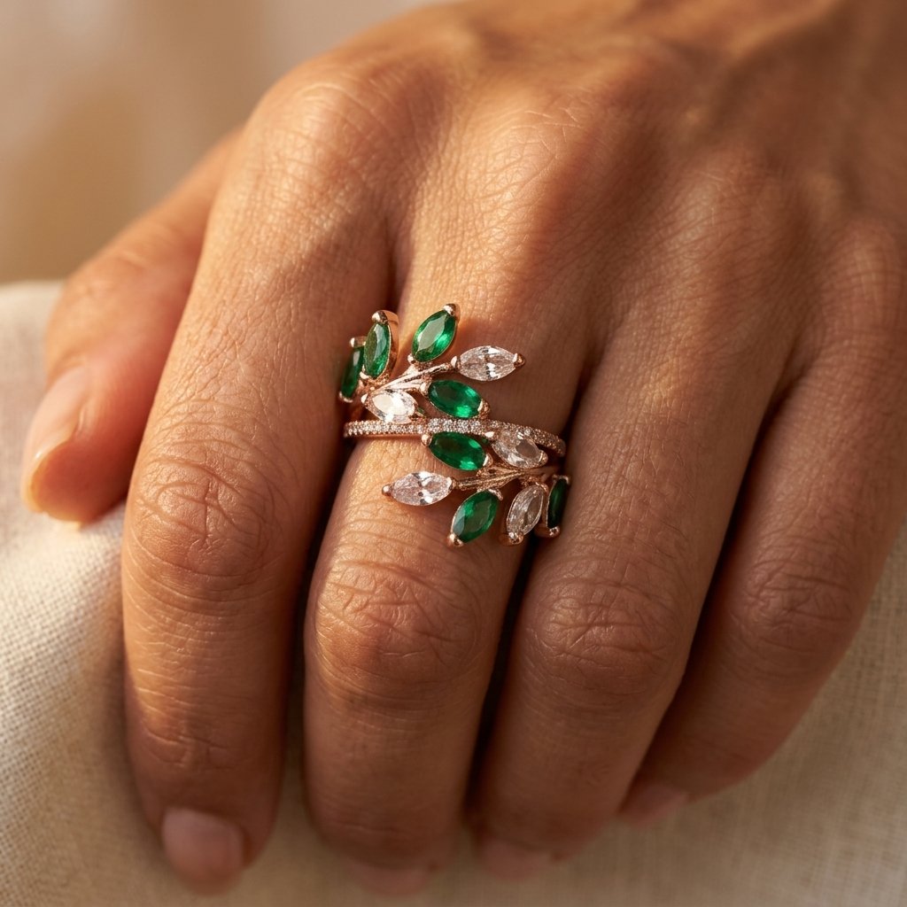 Gold Green Crystal Leaf Branch Ring