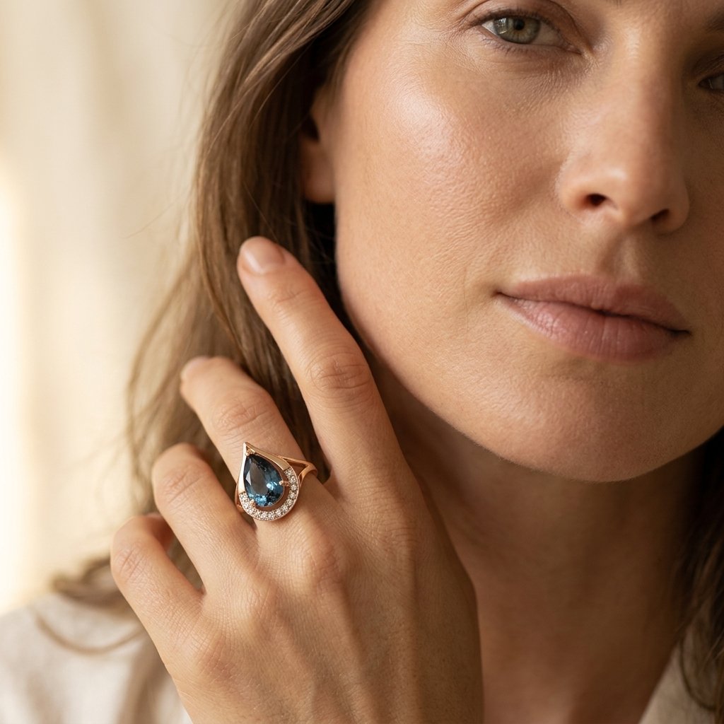 Gold London Blue Topaz Teardrop Ring