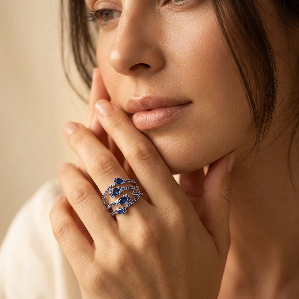 Silver Blue Sapphire Oval Wrap Ring