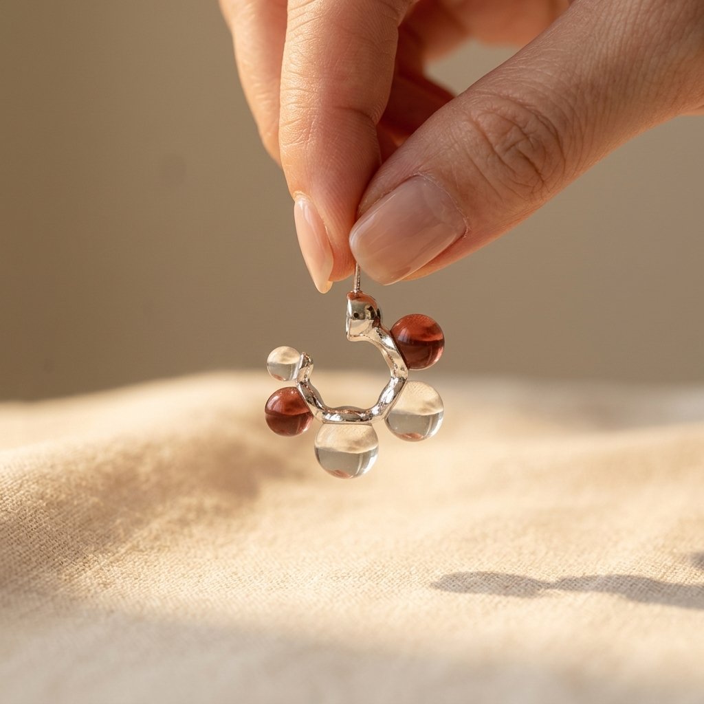 Sculptural Silver Clear Pink Bubble Hoop Earrings