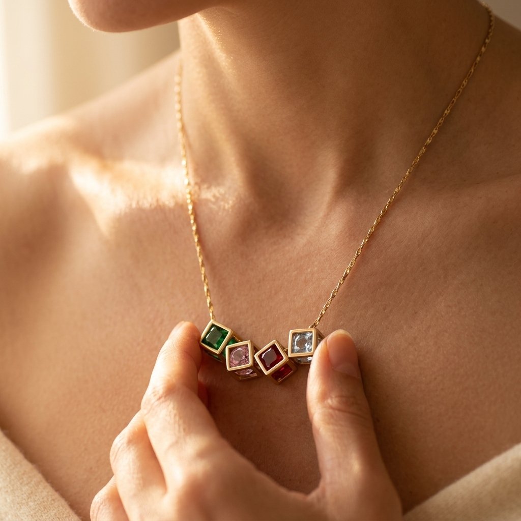 Gold Multicolor Square Stone Necklace