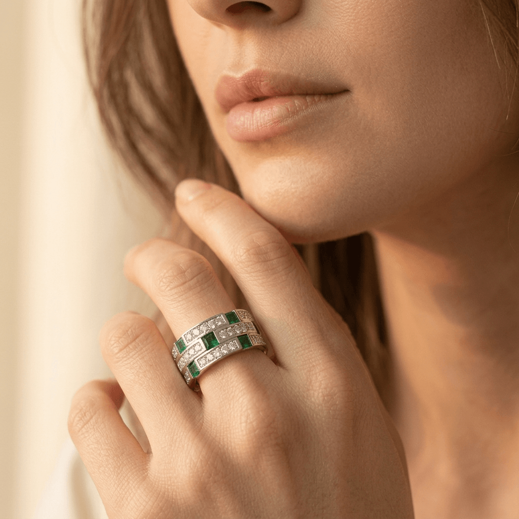 Emerald Green Silver Diamond Band Ring