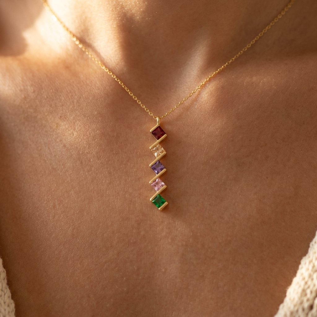 Colorful Gold Rainbow Square Pendant Necklace