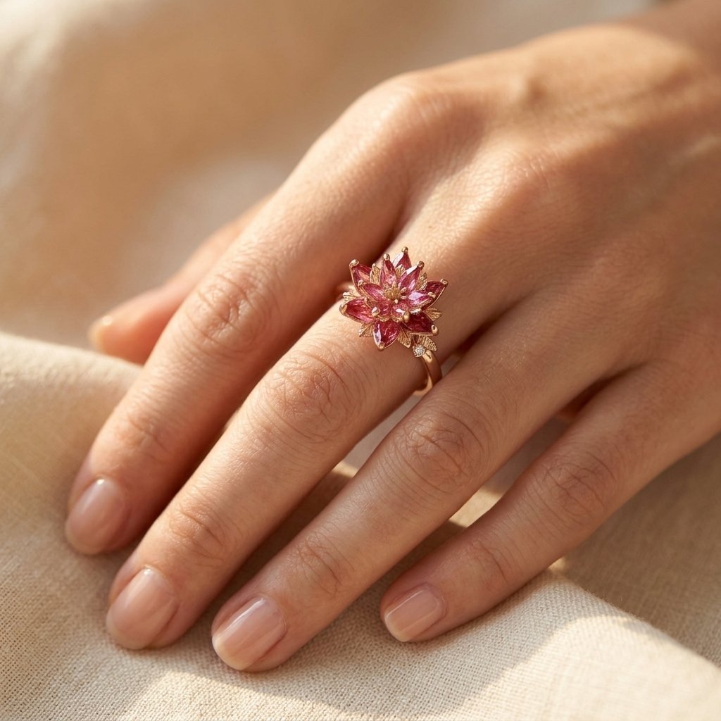 Vintage Handmade Red Cubic Zirconia Lotus Flower Ring