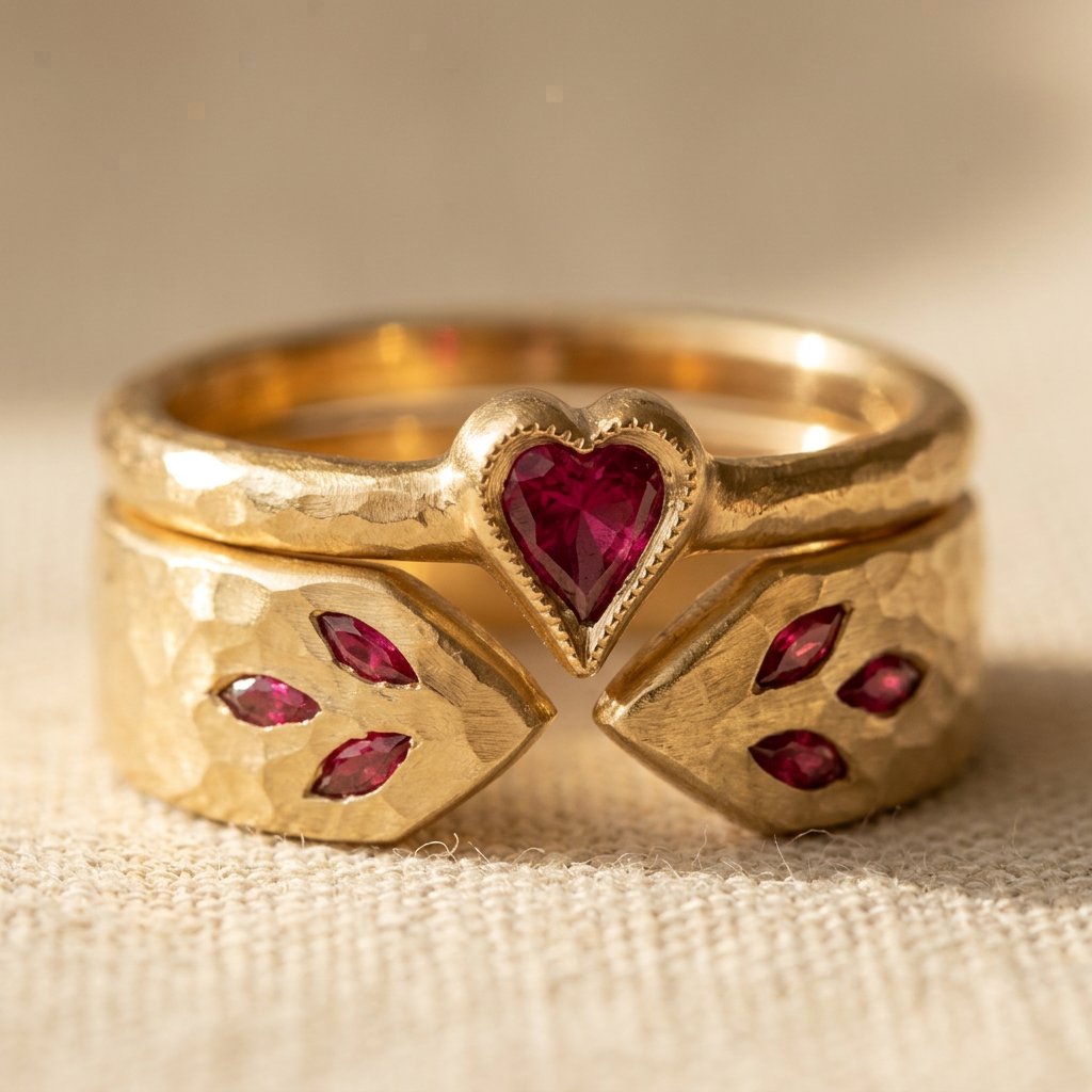 Vintage Gold Ruby Heart Texture Ring