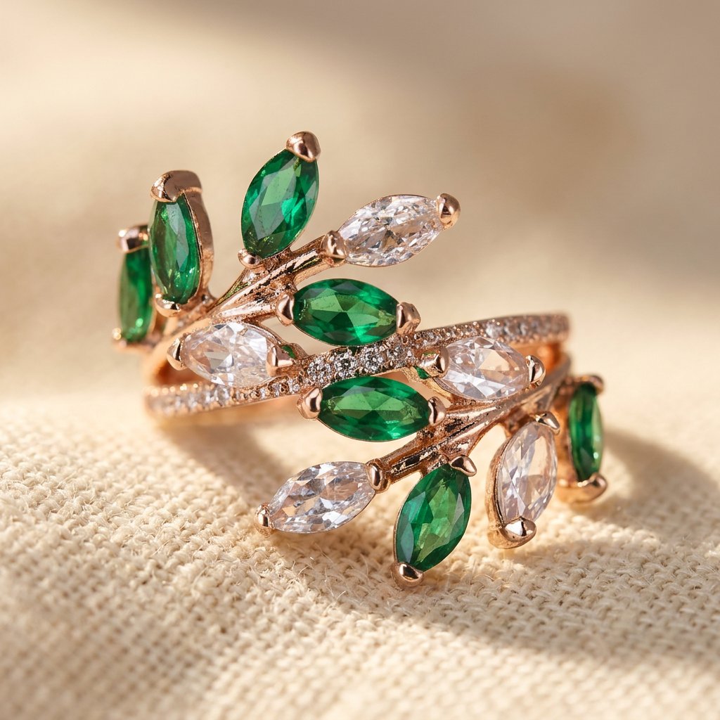 Gold Green Crystal Leaf Branch Ring