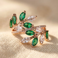 Gold Green Crystal Leaf Branch Ring