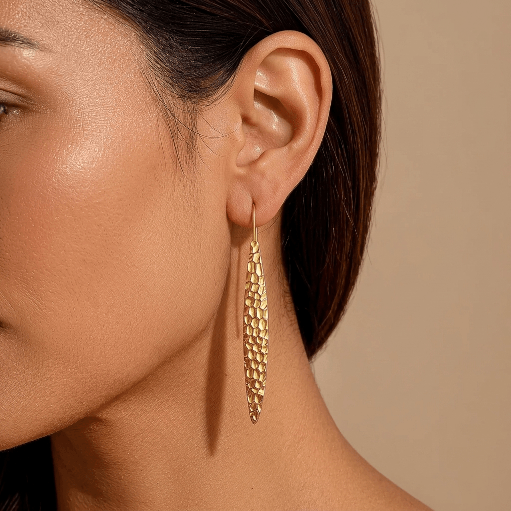 Gold Textured Long Oval Drop Earrings