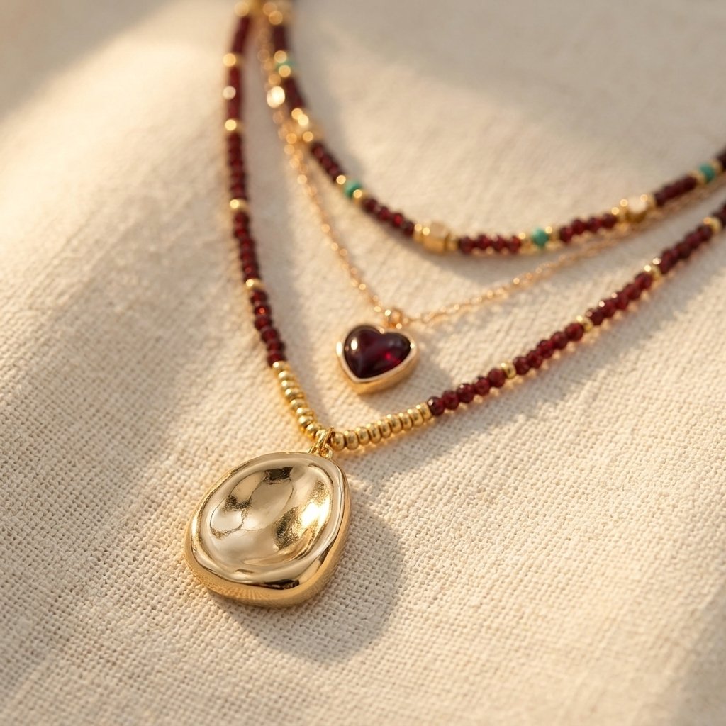 Boho Gold Garnet Heart Layered Necklace