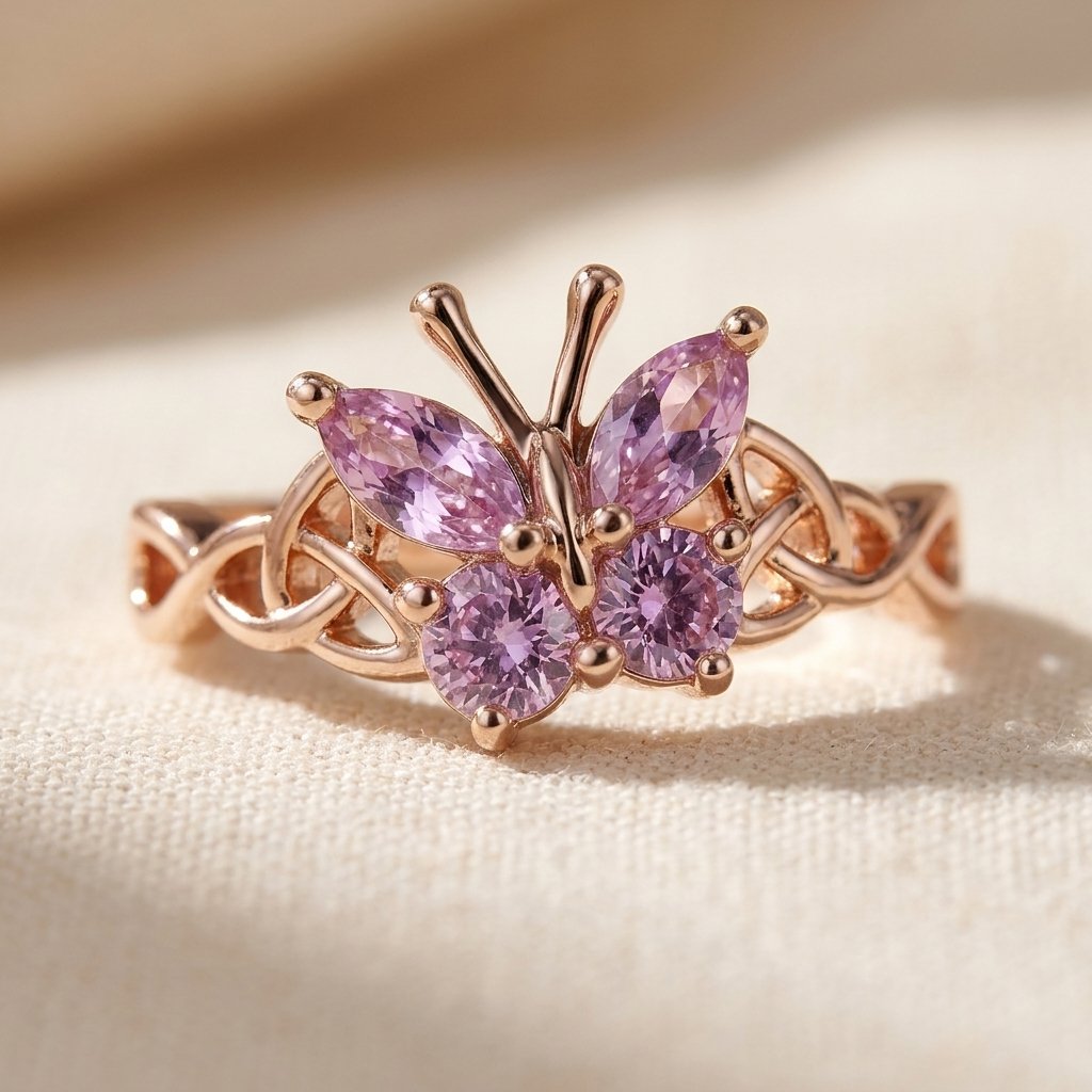 Vintage Rose Gold Pink Butterfly Celtic Ring