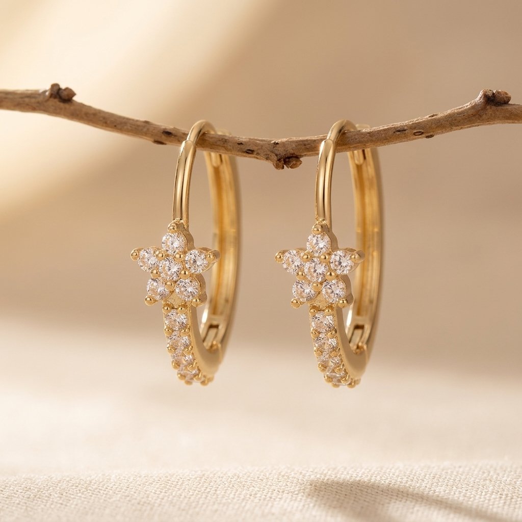 Gold Cubic Zirconia Flower Hoop Earrings