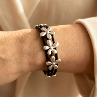 Silver Flower Charm Black Leather Bracelet