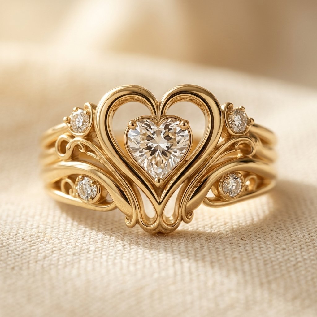 Gold Heart Filigree Diamond Ring
