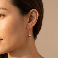 Gold Ruby Cushion Hoop Dangle Earrings