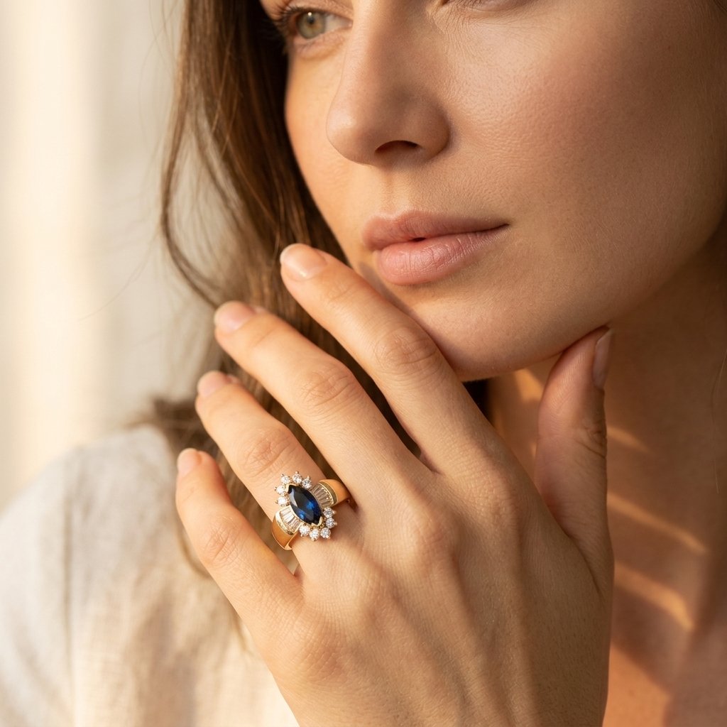 Gold Sapphire Marquise Halo Ring