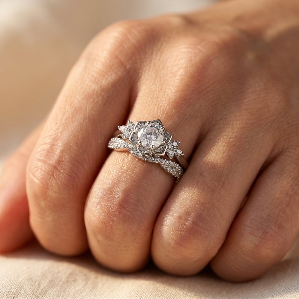 Vintage Silver Filigree Round Cubic Zirconia Ring Set