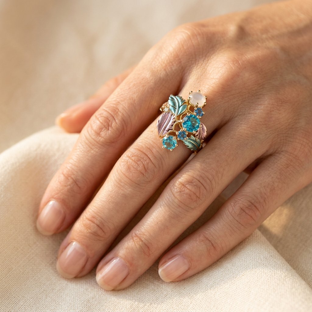 Gold Blue Topaz Enamel Leaf Ring