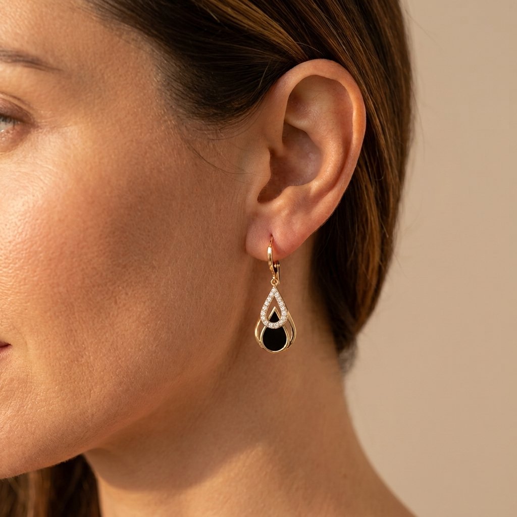 Gold Black Onyx Teardrop Cubic Zirconia Earrings