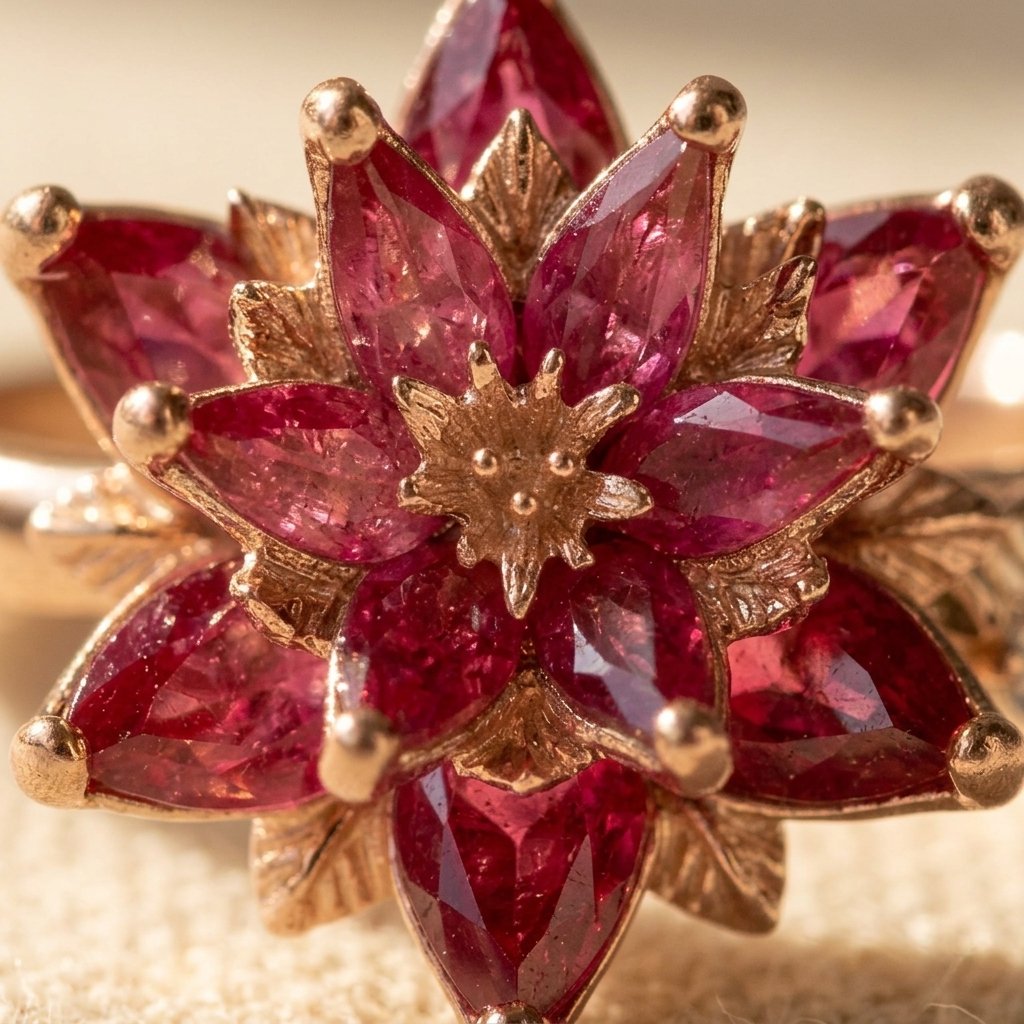 Vintage Handmade Red Cubic Zirconia Lotus Flower Ring