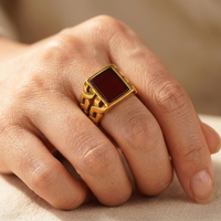 Gold Square Red Agate Statement Ring