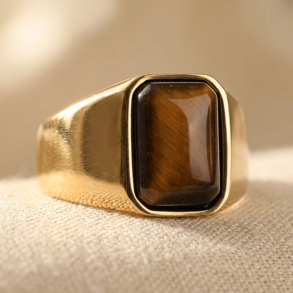 Gold Tiger Eye Stone Rectangular Signet Ring