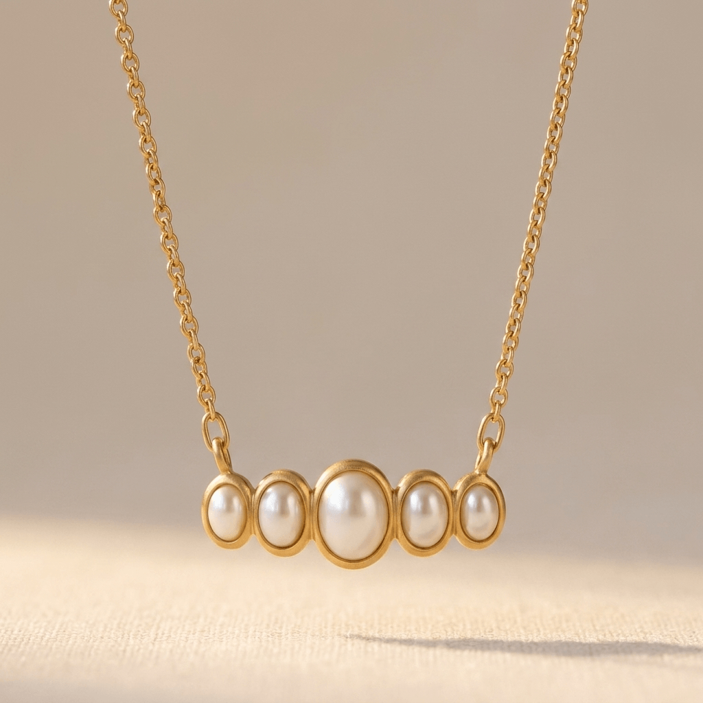 Gold Pearl Oval Five Stone Necklace