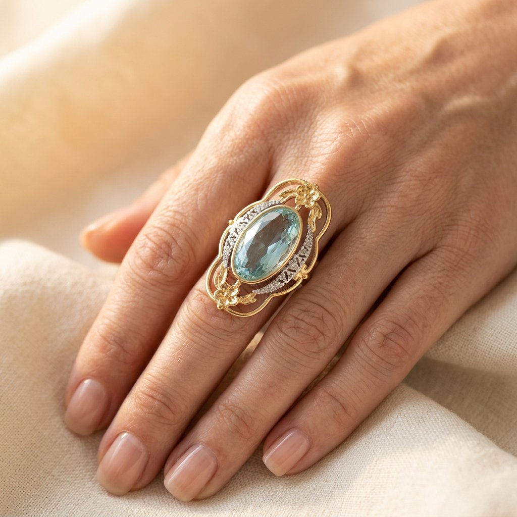 Vintage Gold Aquamarine Oval Floral Ring