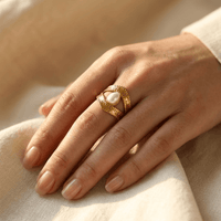 Gold Textured Pearl Open Statement Ring