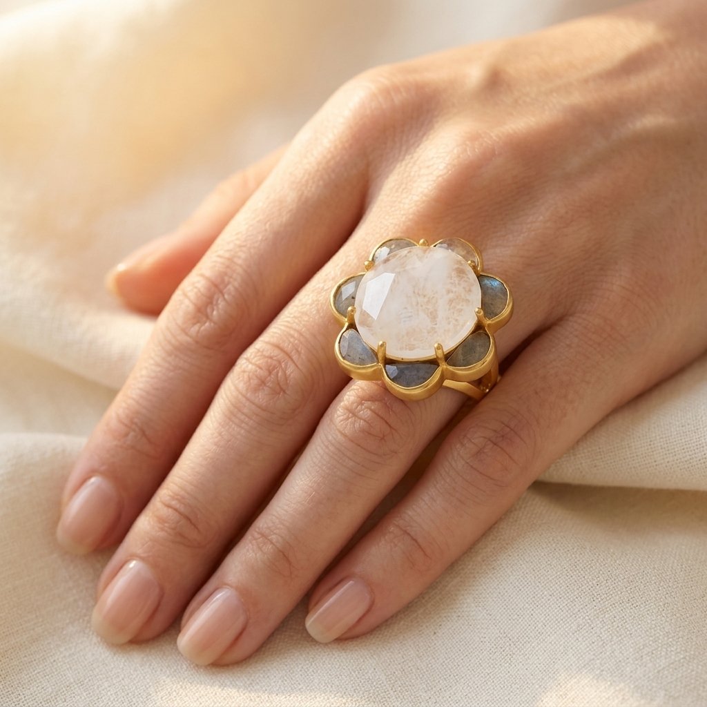 Gold Labradorite Oval Flower Ring