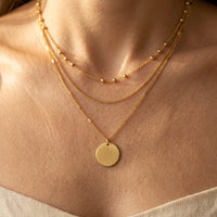Gold Round Pendant Layered Chain Necklace