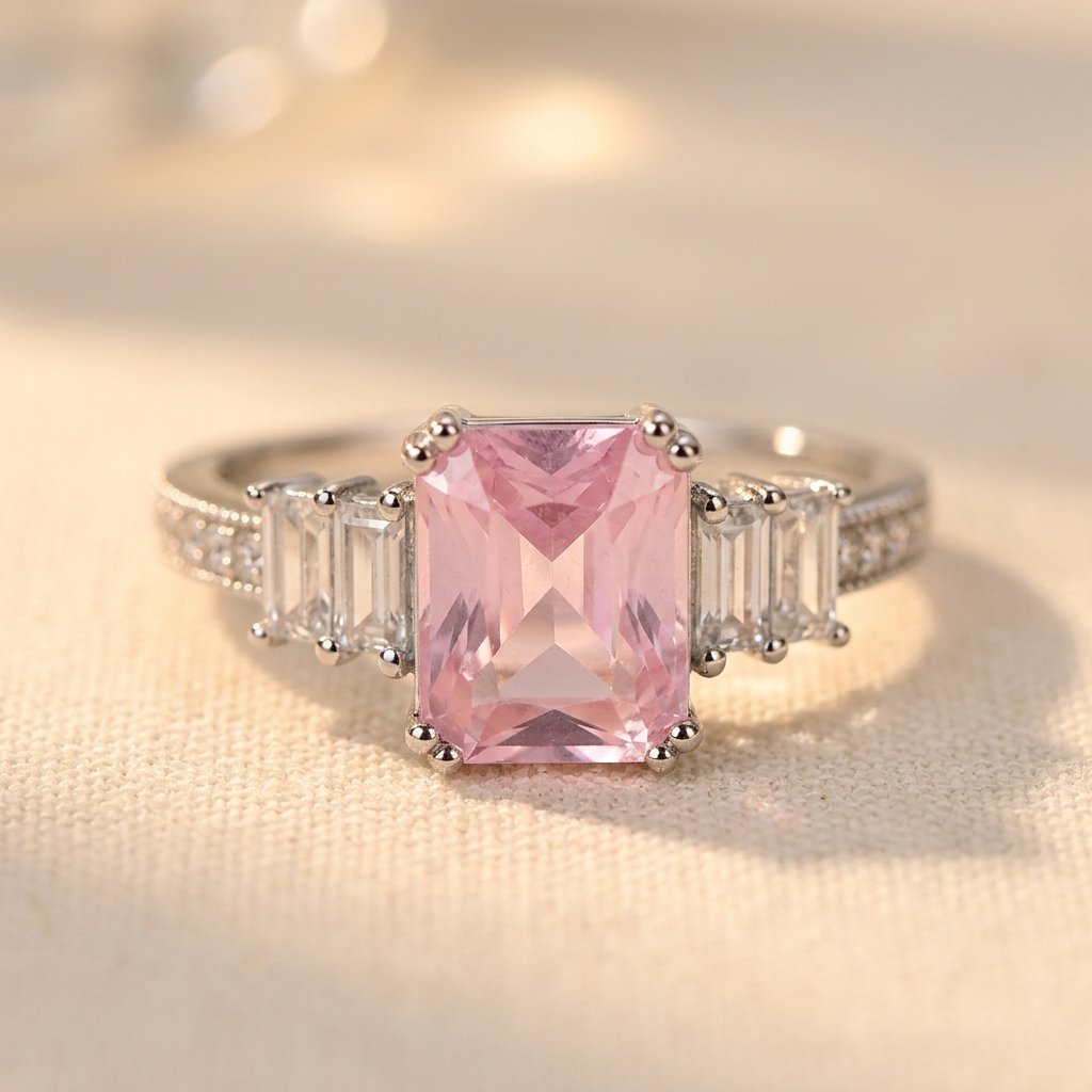 Pink Cushion Silver Baguette Engagement Ring